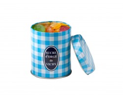 Blue and white squares decorated tin of barley sugar hard boiled sweets 350g