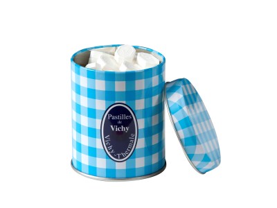 Blue and white squares decorated tin of Vichy Pastilles 280g